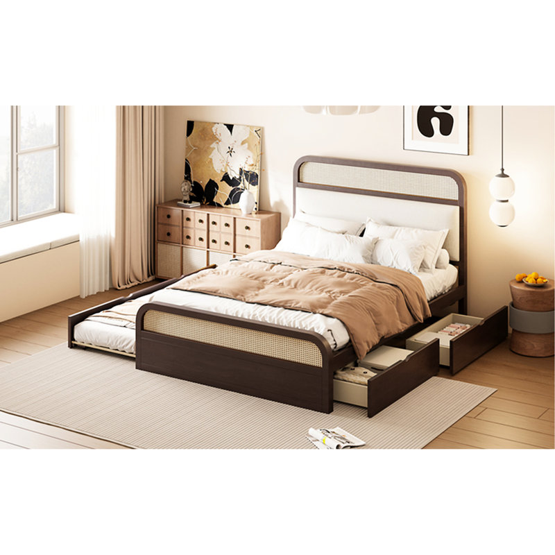 Grand lit plateforme en bois avec lit gigogne et 2 tiroirs, espresso