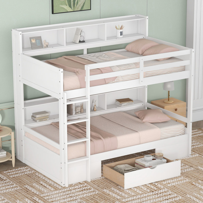 Lit simple superposé au-dessus de blanc avec tablettes intégrées et tiroir de rangement pour un dortoir encombrant Lit simple, blanc, lit, tablettes, tiroir