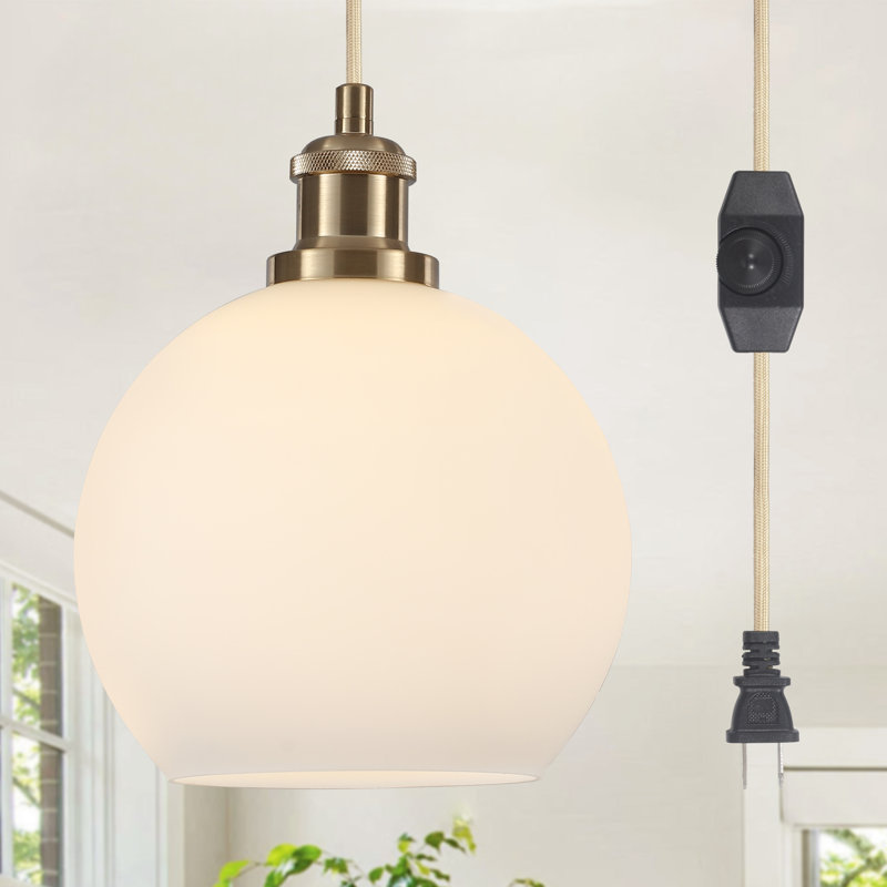 Luminaire suspendu moderne à 1 lumière, lustre classique avec abat-jour en verre blanc laiteux et interrupteur à intensité variable