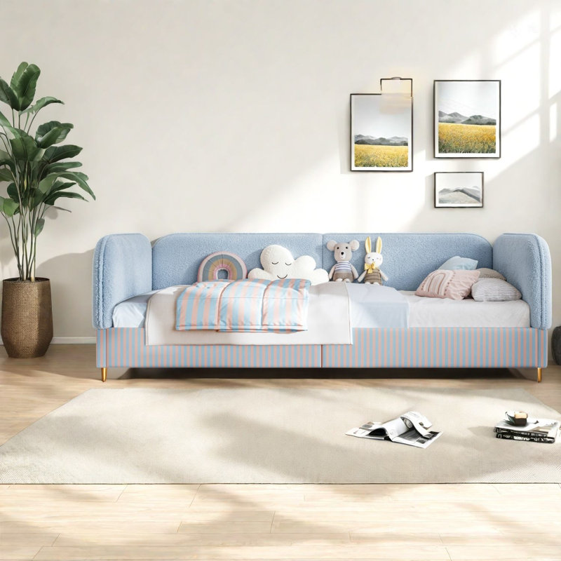 Lits jumeaux sécuritaires pour enfants, cadre de sol Montessori moderne en molleton doux pour la maison, Bleu