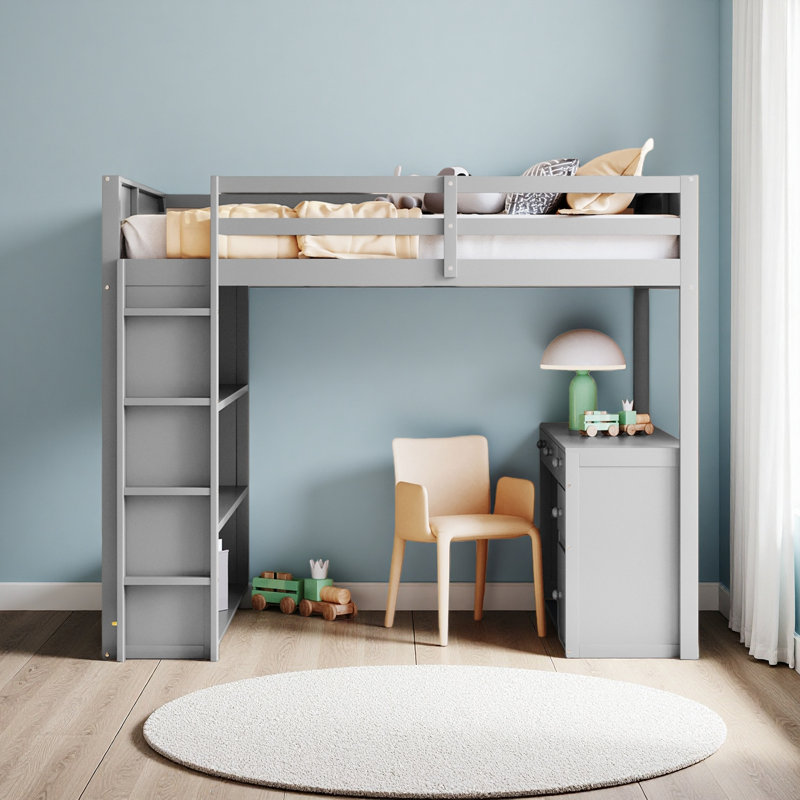 Lit mezzanine avec échelle, tablettes et bureau, Gris, Lit double