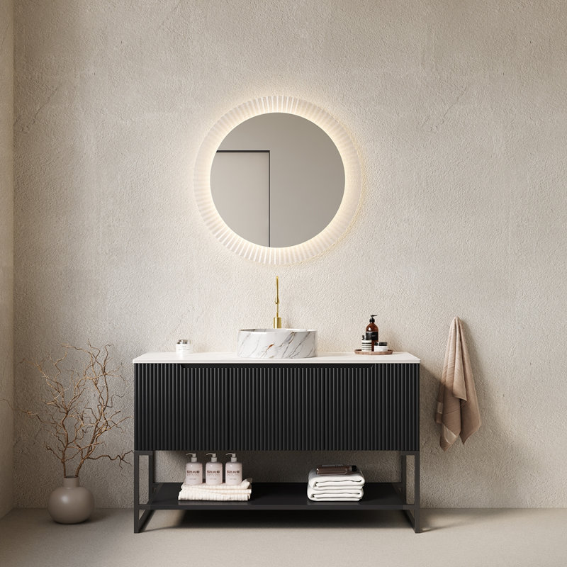 Meuble-lavabo 48 po, meuble de rangement autoportant avec 3 portes et tablette ouverte, lavabo rond en céramique blanc brillant avec motif en pierre et plateau en pierre frittée blanc de Carrare, noir (nouveau SKU)