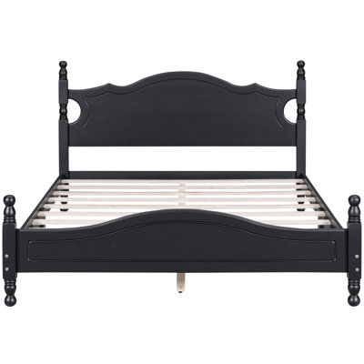 Black Queen Size Bed Frame, Retro Wood Slat For Enduring Quality Platform Bed, Design With Dependable