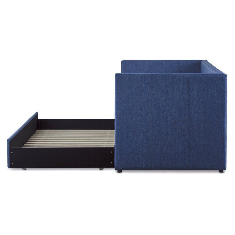 Lit de jour à structure en bois avec revêtement bleu et lit gigogne escamotable en tissu, structure, pour la décoration de la chambre à coucher