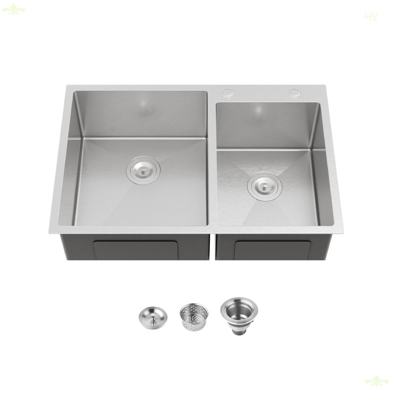 Évier de cuisine encastré 33 po x 19 po à double cuve, lavabo sur pied fait à la main brossé (évier seulement)