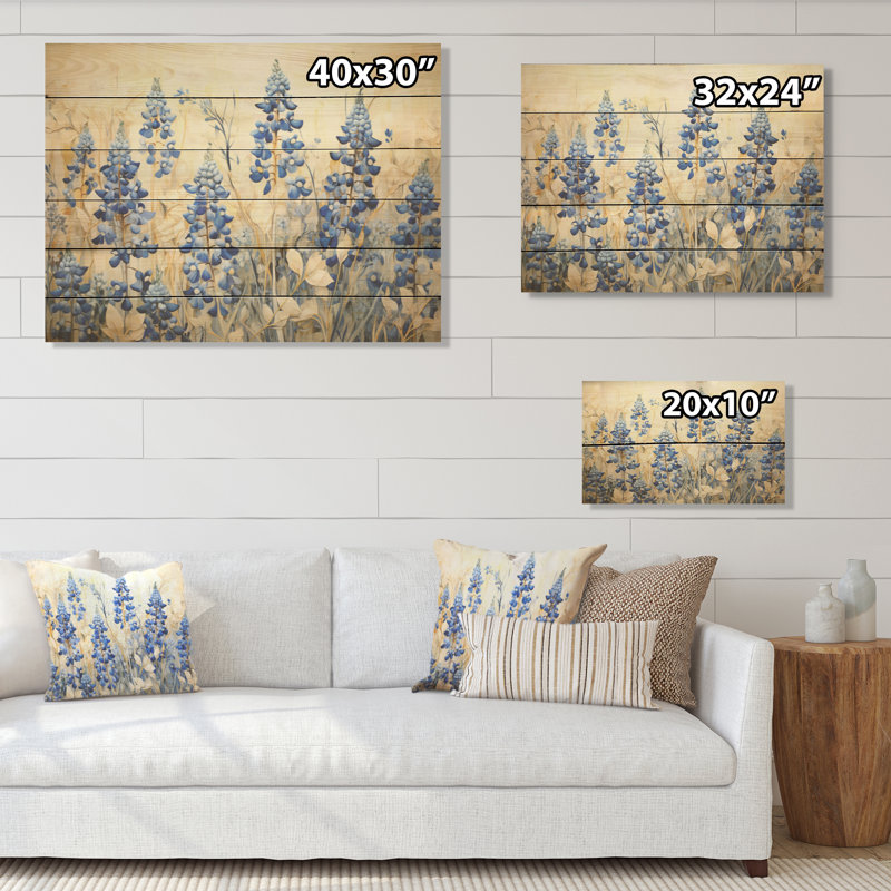 Magical Blue Bonnets Grass Meadows - Blue Bonnets, art mural sur bois de pin naturel, H 30 po x l 40 po