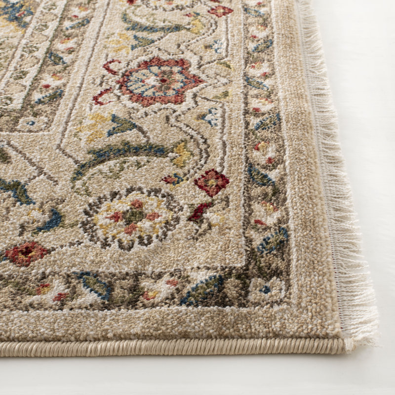 Round Beige and Red Hand-knotted Synthetic Oriental Rug