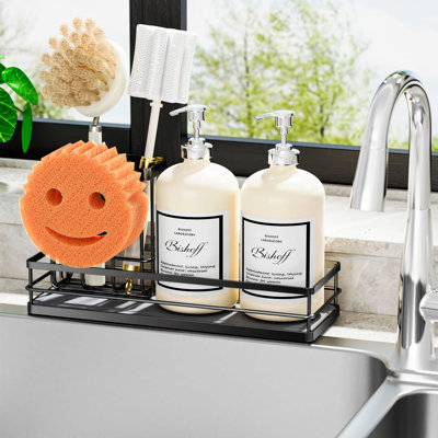 Sink Caddy Organizer With Water Absorbing Stone Tray, Instant Dry Sponge Holder Smiley Face, Dish Brush Holder For Countertop,Black