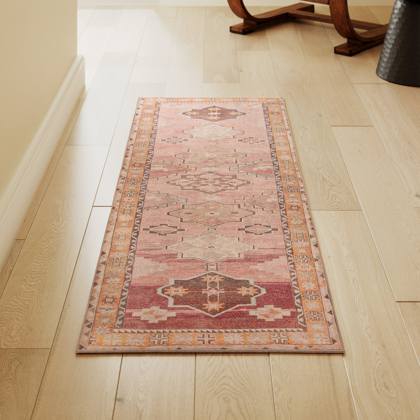 Orange Pink Brown Washable Oriental Rug, Runner 2' x 6'