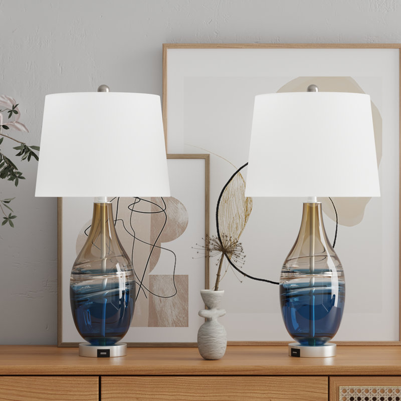 Melun 28" Modern Coastal Blue and Gold Glass Table Lamp with 3-Way Dimmable Lighting and USB Port