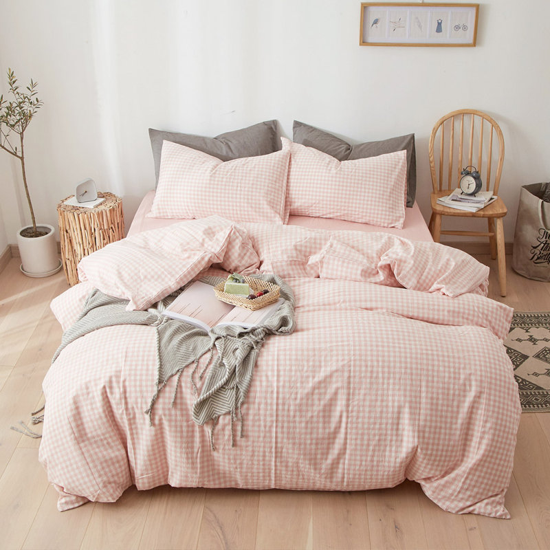 Ensemble de housse de couette en coton délavé à carreaux, Housse de couette pour très grand lit et 2 taies , Rose clair