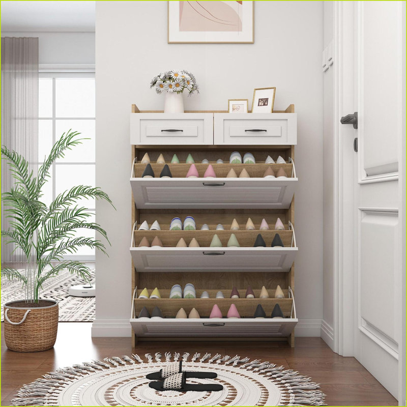 Shoe Cabinets Off-White &amp; Walnut Brown with 3 Doors 2 Drawers Large Storage | Particle Board+MDF | Modern, White/Natural
