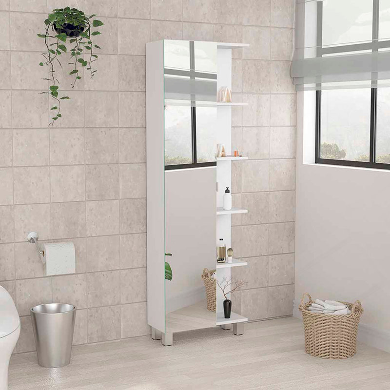 Armoire à linge miroir Urano, quatre tablettes intérieures, cinq tablettes extérieures - blanc