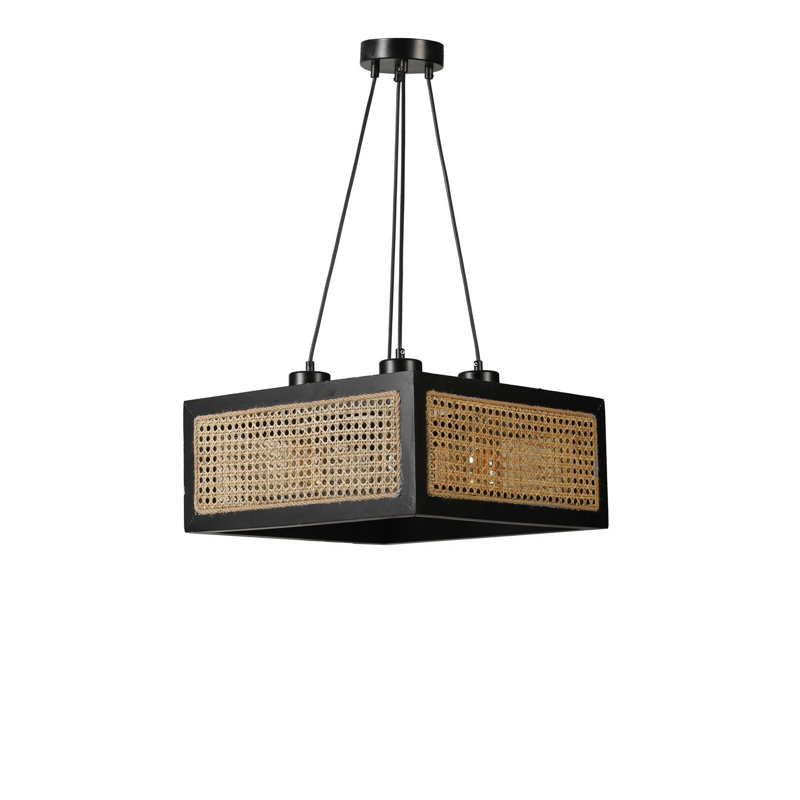 Elegant Chandelier with FIR Wood Body & Natural Rattan Cap, Adjustable Height 27.6 inches | Cap Diameter: 16.1 x 16.1 inches | E 27 Socket, Max 40 W | Stylish Black & Rattan Design for Modern Living Spaces, Durable & Eye-Catching