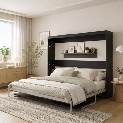 Lit escamotable horizontal Queen Size avec bureau intégré, gris et noir, idéal pour une chambre d'amis.