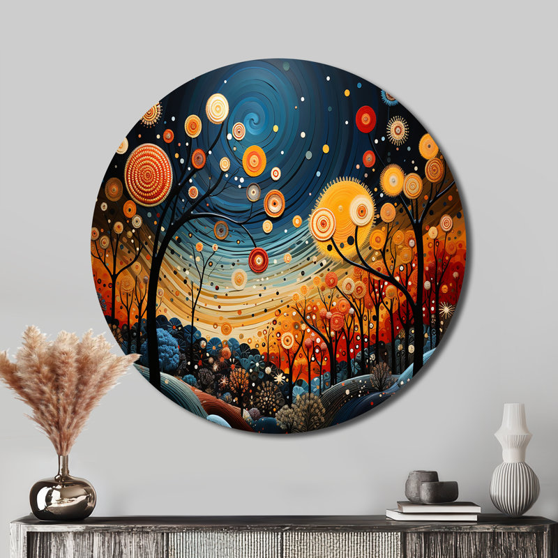 Orange orange Mid Century Natures Harmony I - Décoration abstraite ronde en métal, H 36 po x l 36 po x P 1 po