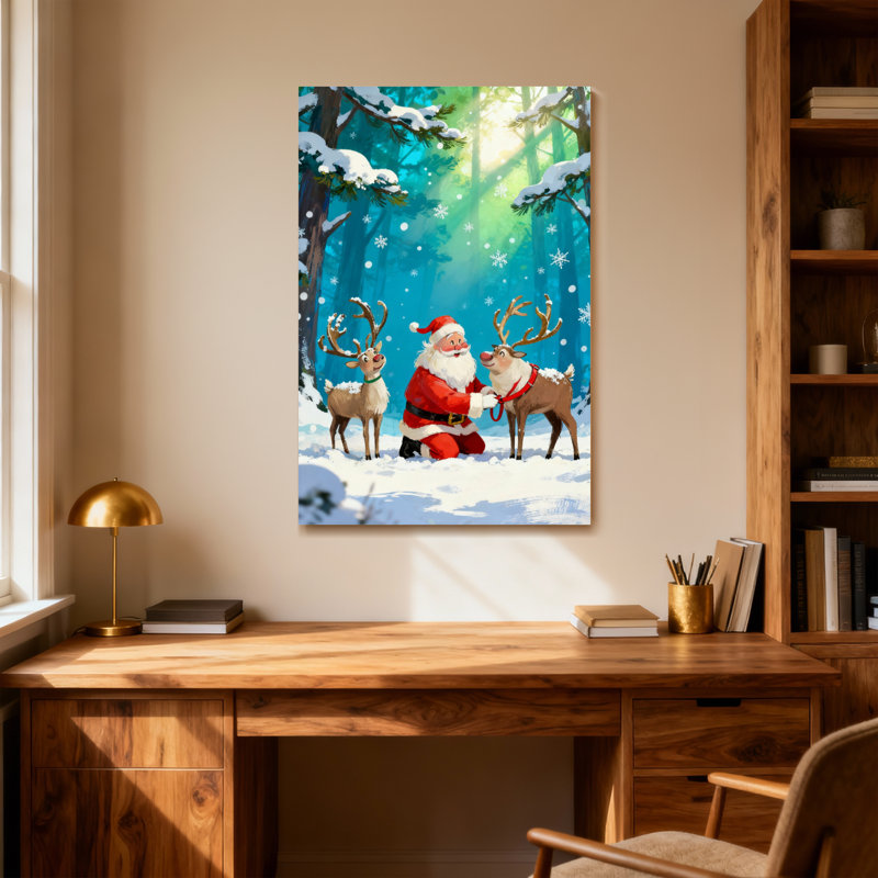 Noël père Noël avec renne dans la forêt enneigée, H 24 po x l 16 po
