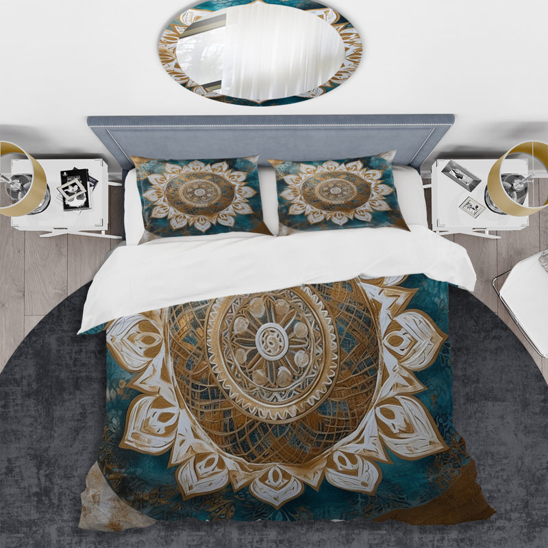 Ensemble de housse de couette en microfibre / polyester bleu sarcelle et or Mandala II Bedding