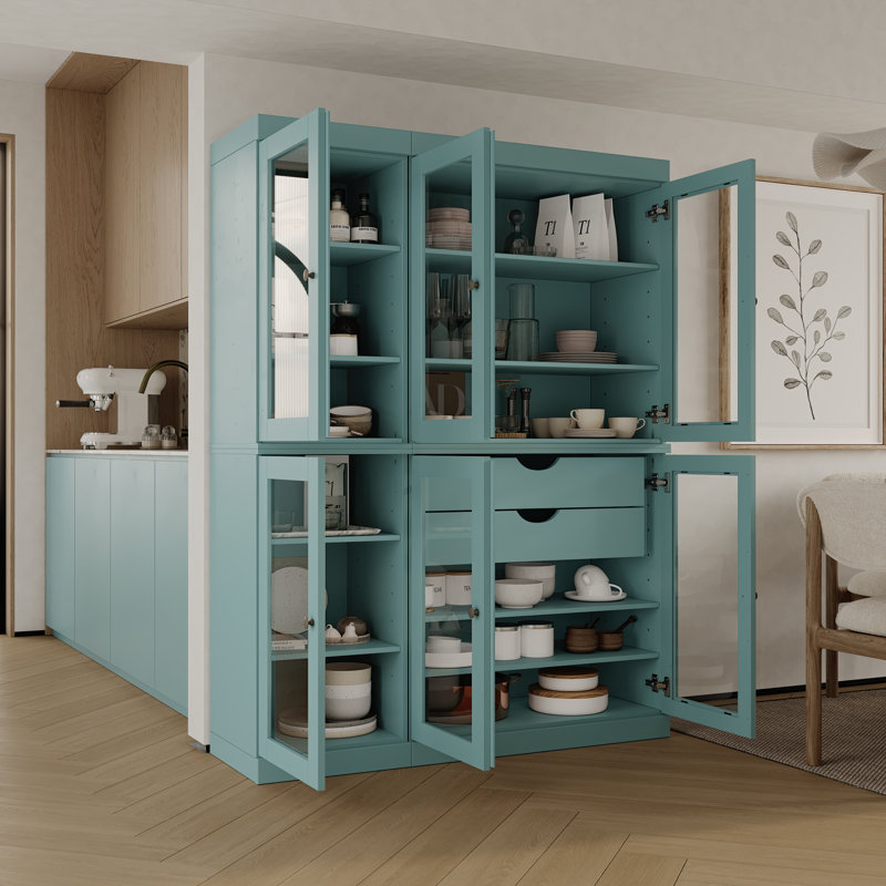 Vaisselier 100% bois massif 48,5 po avec portes en verre transparent, 2 tiroirs et tablettes réglables, Turquoise