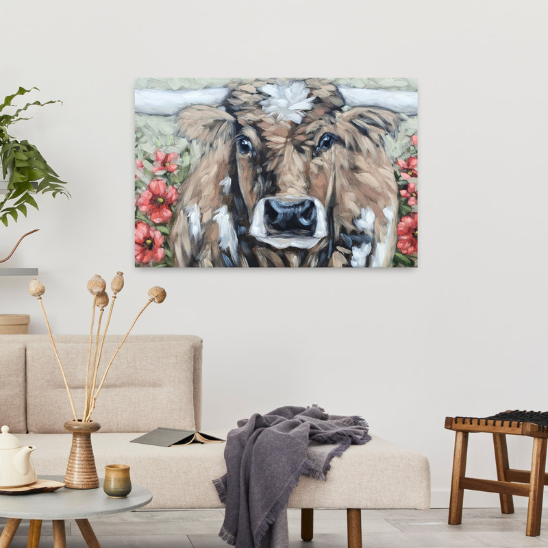 «In The Flower Fields», art contemporain abstrait, paysage de vache, H 36 po x l 24 po