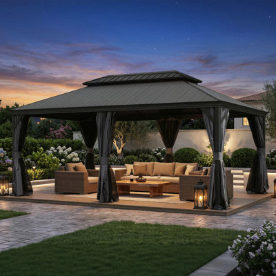 Pavillon de jardin extérieur en métal gris à grain de bois avec toit en résine et moustiquaire d'intimité