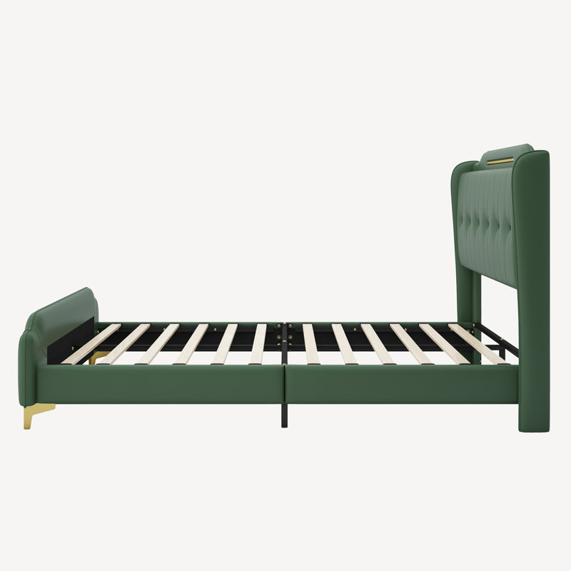 Structure de lit en polyuréthane revêtu de polyuréthane avec tête de lit à oreilles, Grand, Vert