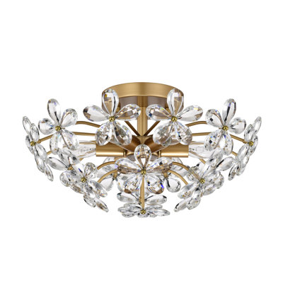 Rosa 6-Light 17.7" Glass Flower Crystal Flush Mount - Glossy Brass