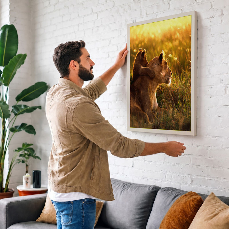 Lioness in Golden Light Boho 1 Piece Wrapped Canvas Wall Art, 24x16 - 61.0 x 40.6 cm, Taupe Border