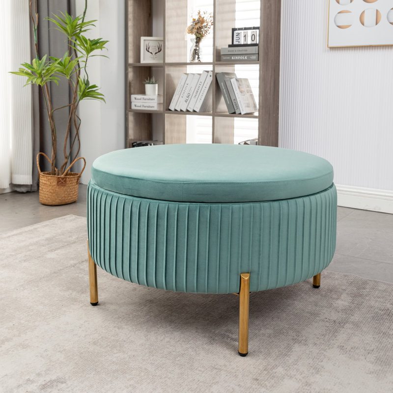 Mariantonietta Upholstered Round Storage Ottoman, Teal Velvet
