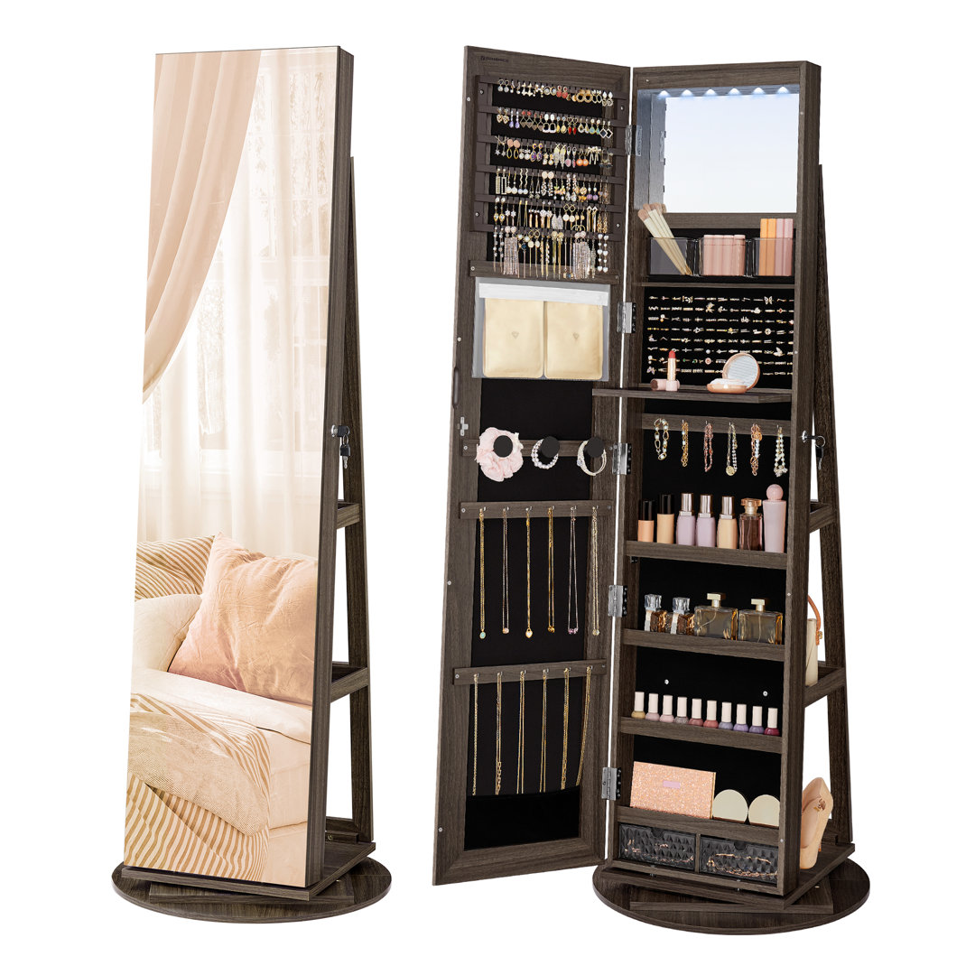 21.5'' Wide Freestanding Jewelry Armoire with Mirror,LED Latitude Run® 