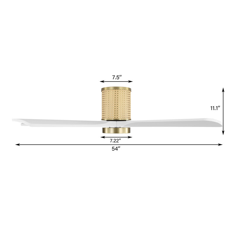 54 po Ventilateur de plafond encastré en rotin avec 5 pales, Doré, Blanc