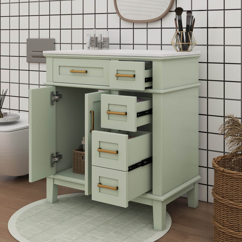 Meuble-lavabo de 30 po avec lavabo en céramique, armoire de rangement moderne avec portes à fermeture en douceur, tiroir profond et tiroir standard