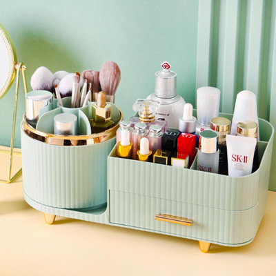 Organisateur de maquillage rotatif 360 pour coiffeuse avec porte-pinceau et tiroir, rangement pour maquillage cosmétique, grand organisateur de maquillage pour la peau, organisateur de maquillage de comptoir, vitrine de lotions