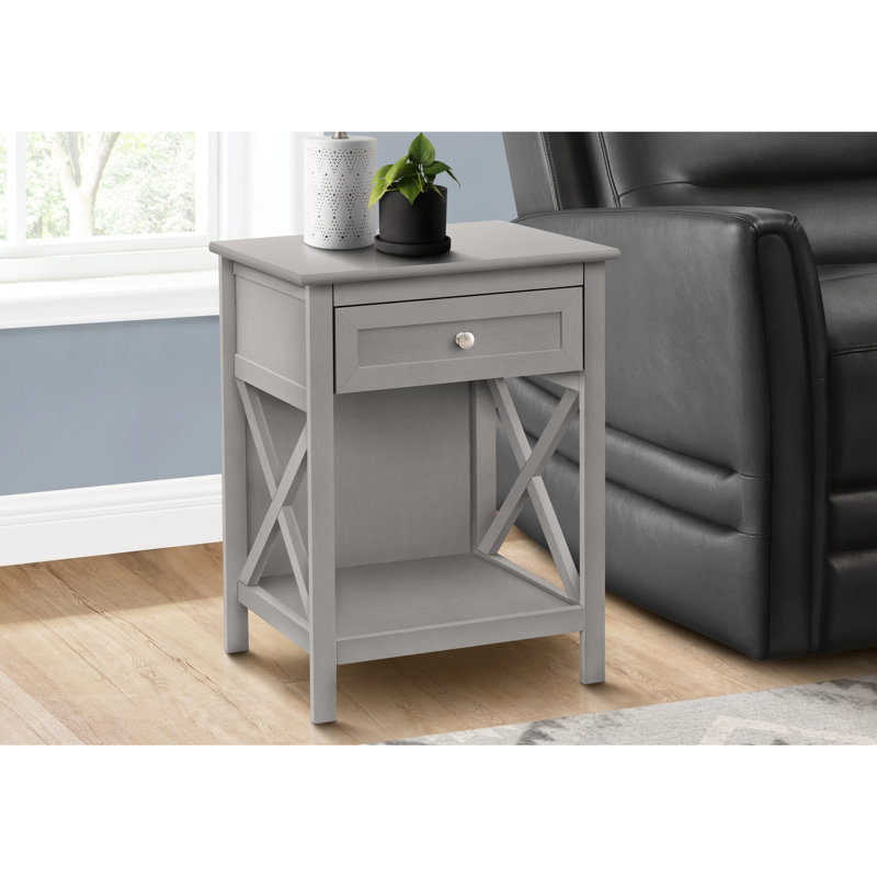 Table d'appoint en placage gris avec rangement à 2 niveaux et tablette inférieure pour chambre ou salon, fini placage, tiroir.