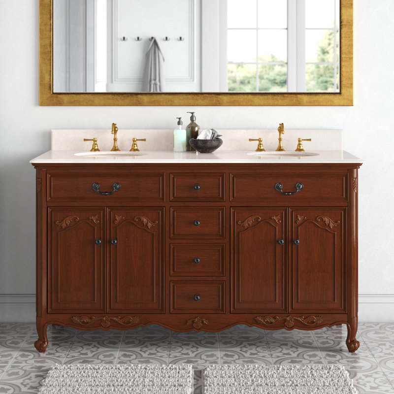 Ensemble de meuble-lavabo double 60 po Angelique, Teck, Crème, crème