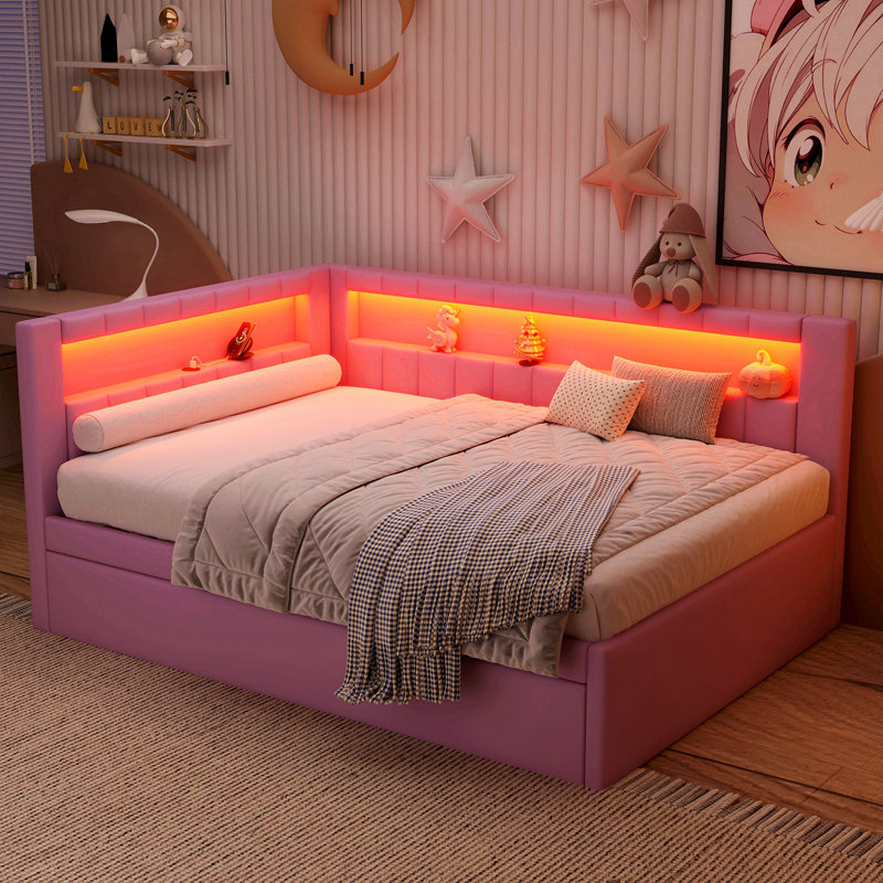 Upholstered Full Size Platform Bed With USB Ports And LED Belt, With Trundle, Pink, Full, Pink