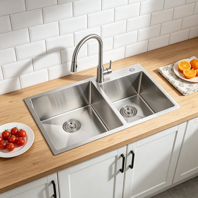 32"L × 19"W Drop-in Double Bowl Stainless Steel Kitchen Sink, Brushed Nickel
