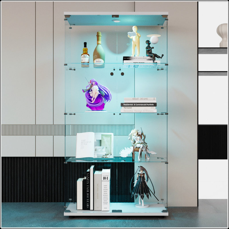 Vitrine à deux portes avec 4 lumières DEL et vitrine au sol pour mettre en valeur des objets de collection, Blanc