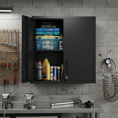 29.5'' W Sturdy Wall Mounted Storage Cabinet with Lock for Garage/Workshop/Utility Room, Easy Assembly, Black
