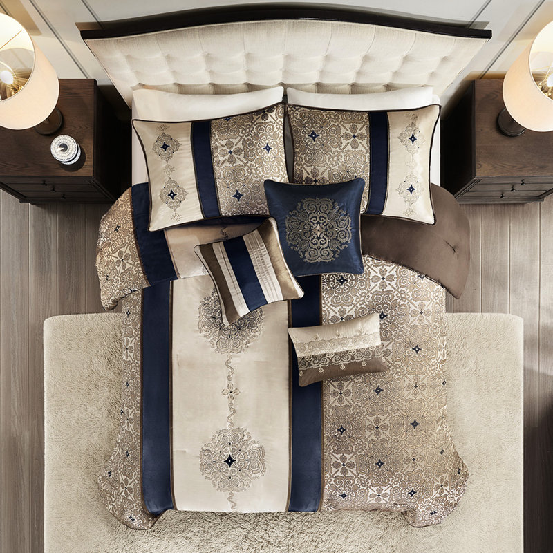 Couette 7 pièces pour lit Queen - Bleu marine, nettoyage localisé, couvre-lit 100 % coton avec coussins décoratifs