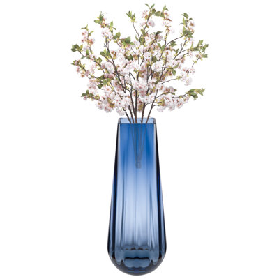 Flower Vase - Glass -  Blue - Colored - Thick - 13.9"H - Square Top - Optic  Design - European Made - by Barski
