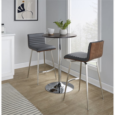 Ensemble de salle à manger 3 pièces à hauteur de comptoir, table ajustable de style Mid-Century et tabourets pivotants, base en métal chromé, similicuir gris ardoise, plateau en bois brun