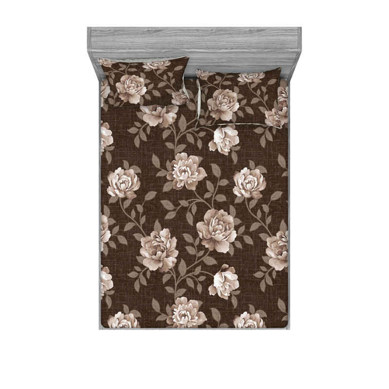 Drap-housse et taies décoratives 3 pièces Ambesonne, Brun, terre d'ombre / floral