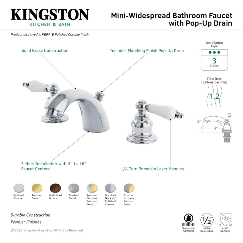 Kingston Brass Victorian Two-Handle 3-Hole Deck Mount Mini-Widespread Bathroom Faucet with Plastic Pop-Up, Polished Chrome