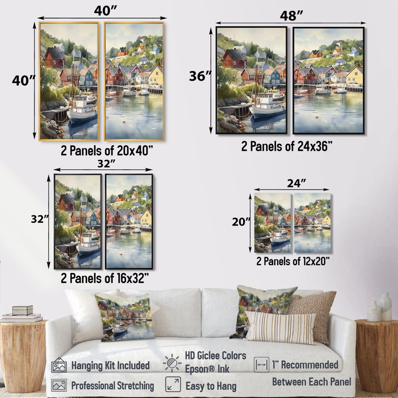 Petite ville portuaire de la Norvège III - Impressions d'art traditionnelles sur toile 2 pièces, 36'' H x 48'' W, Black