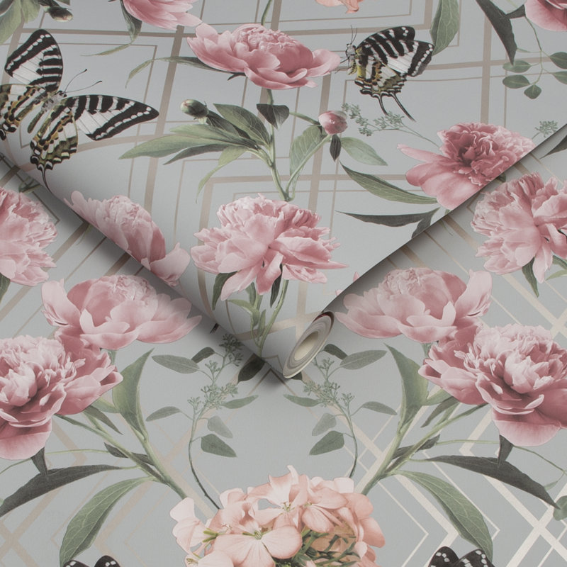 Rouleau de papier peint Botanical Trellis Smooth, Bleu marine / rose
