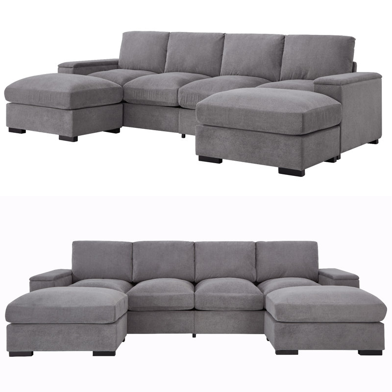 Canapé modulaire en U avec 2 repose-pieds mobiles, canapé-lit à siège profond 4 places, meubles de salon rembourrés en polyester avec rangement pour accoudoirs et assemblage facile