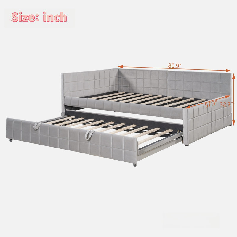 Upholstered L-shaped Daybed With Pop Up Trundle, Usb Ports And Square-block Pattern, Gray