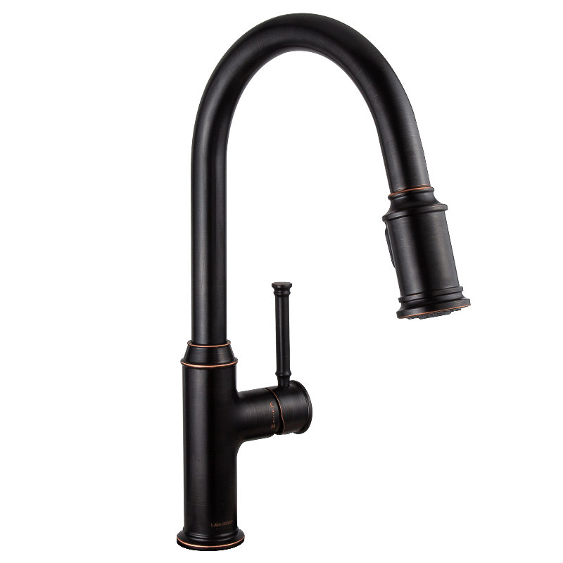 Robinet de cuisine rétractable à poignée simple avec accessoires, Bronze frotté à l'huile
