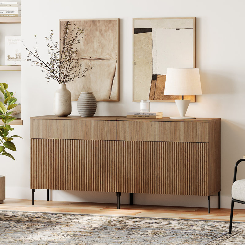Union Rustic 63" Reeded Accent Cabinet Set With 4 Doors And Drawers, Modern Credenza Accent Cabinet With Metal Legs For Living Room, Kitchen, Dining Room, Hallway